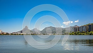 View of Rodrigo de Freitas Lagoon, Dois Irmaos Mountain and Pedra da Gavea on the background, Lagoa district