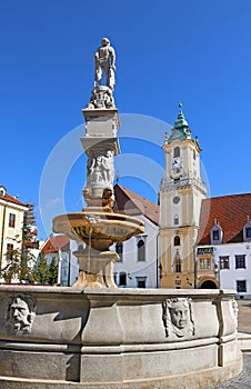View of Roland Fountain and Old town hall at Main Square Hlavne namestie in Bratislava Old Town, Slovakia