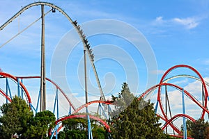 View roller coaster shambala and red dragon in portaventura, park, of attractions in tarragona, catalonia, spain