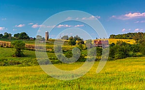 View of rolling hills and farm fields in rural Howard County, Ma