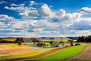 View of rolling hills and farm fields in rural Southern York County, Pennsylvania.