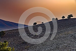 View of a rolling mountain landscape with trees and fog at sunset, named Mount Nebo in Jordan, where the Bible followed, God showe