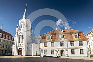 View on the roman catholic Virgin of Anguish Church in the old town of Riga, Latvia