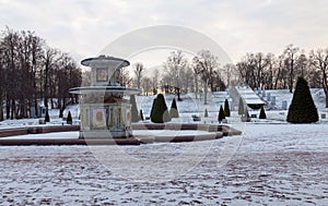View of the Roman fountain in Peterhof on a frosty November day. The first snow