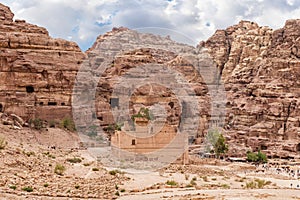 View from the Roman part to remains of the palace of the pharaohs daughter the Qasr al-Bint in the Nabatean Kingdom of Petra in