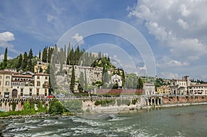 View of the Roman Theater and river in Verona, Italy