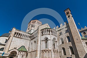 View of romanesque Trento Cathedral or Cathedral of San Vigilio in Trento, Trentino, Italy