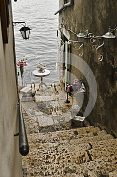 View of romantic, charming narrow street in Rovinj, Istria, Croatia