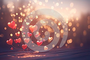 view Romantic glow Red hearts on bokeh background for Valentines ambiance