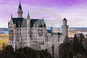 View of romantic Neuschwanstein castle at sunset in Bavaria, Germany