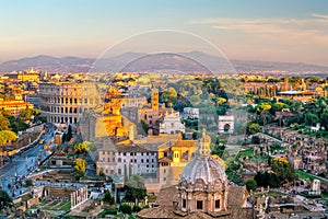 View of Rome city center at sunset