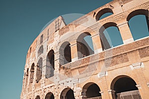 View of Rome Colosseum in Rome , Italy . The Colosseum was built in the time of Ancient Rome in the city center