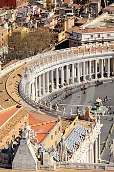 View of Rome from the dome of St. Peter`s Cathedral. Queue for tickets to the Vatican. Vatican. Rome. Italy