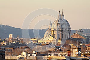 View of Rome roofs: San Carlo ai Catinari Dome, Sant`Andrea della Valle Dome, Sant`Agnese in Agone and Vittoriano