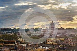 View on Rome with St. Peter`s Basilica Vatican from Terrazza Viale del Belvedere. Italy