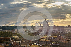 View on Rome with St. Peter`s Basilica Vatican from Terrazza Viale del Belvedere. Italy