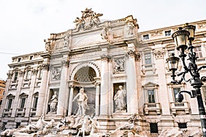 View of Rome Trevi Fountain Fontana di Trevi in Rome, Italy. Trevi is most famous fountain of Rome. Architecture and landmark of