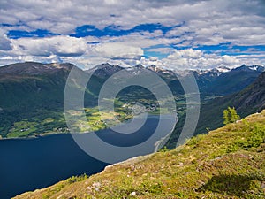 A view of the Romsdal Fjord near the town of Andalsnes in Norway. Taken from the Romsdalen Gondola top station on a sunny day photo