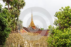 View of the roof of the Buddhist temple building in Louangphabang, Laos. Copy space for text.