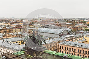 View from the roof, colonnade of St. Isaac`s Cathedral in St. Petersburg on a cloudy rainy day