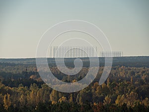 View from roof of ghost town Pripyat, post apocalyptic city and Moscow eye