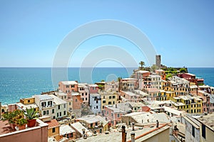 View on roof landscape and castle of Vernazza, village in the Cinque Terre, Liguria Italy