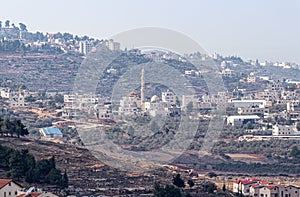 View from the roof of a mosque standing on the tomb of the prophet Samuel on Mount Joy, on the nearby arab villages