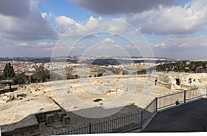 View from the roof of a mosque standing on the tomb of the prophet Samuel on Mount Joy, on the nearby arab villages