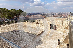 View from the roof of the mosque to the lower part of the grave of the prophet Samuel on Mount of Joy near Jerusalem in Israel