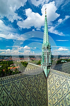 View on roof and tower of gothic cathedral of saint vitus in Prague Czech Republic