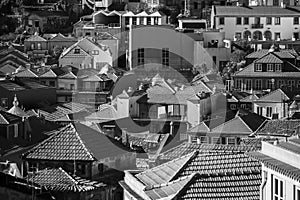 View of roofs of the houses in old town Porto, Portugal. Black and white photo.