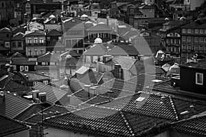 View of rooftops in the historical center of Porto, Portugal. Black and whaite photo.