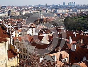View of the rooftops of Prague historical buildings