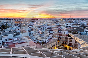A view of the rooftops of Seville at sunset