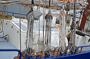 View of a rope pulley or tackle on a sailboat