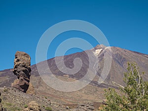 view on Roque Cinchado and colorful volcano pico del teide highest spanish mountain from famous rock formation Roques de Garcia w