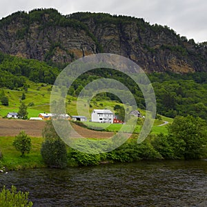 View of Rosseland village and Steinsdalselva river at Norheimsund Norway photo
