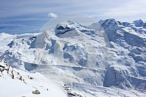 The view from the Rothorn 3,103 m showcases the highest peaks of the Swiss Alps. Valais, Switzerland.