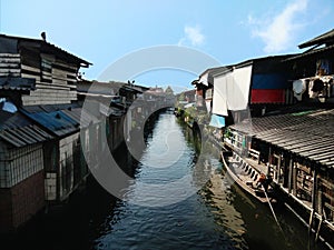 View of rotten canal, old housing style in Bangkok Thailand