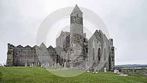 View of the round tower on the Rock of Cashel, in Tipperary Ireland