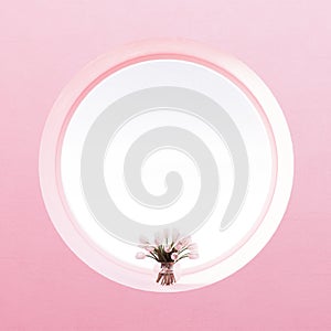 View from round window, flowers, pastel pearl pink wall