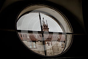 View from a round window at The Lightner Museum