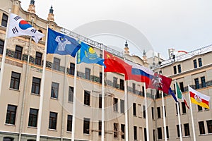 Flags of various states on the background of the building