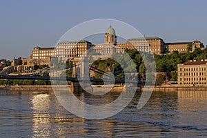 View at the Royal Castle of Budapest and the Szechenyi Chain Bridge. Center of Budapest and the River Dunayyat in the morning.