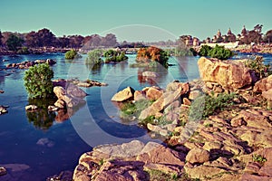 View of Royal cenotaphs of Orchha over Betwa river.