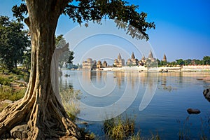 View of Royal cenotaphs of Orchha over Betwa river.