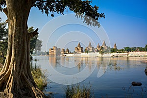 View of Royal cenotaphs of Orchha over Betwa river.