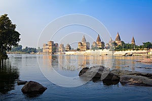 View of Royal cenotaphs of Orchha over Betwa river.