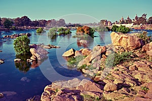 View of Royal cenotaphs of Orchha over Betwa river. Orchha