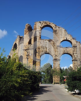 View of ruins of Ancient Aspendos Aqueduct